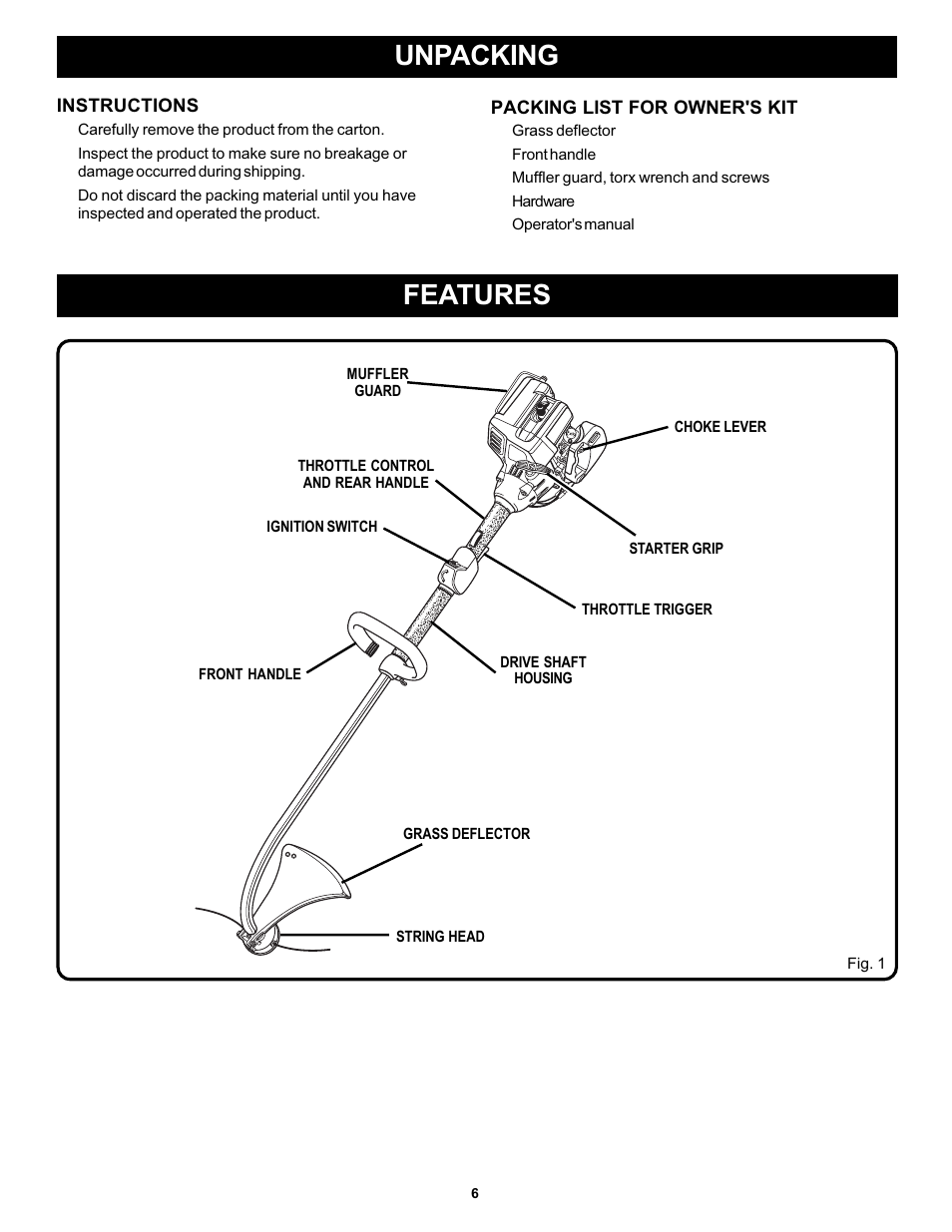 Features, Unpacking | Ryobi PLT3043A User Manual | Page 6 / 18