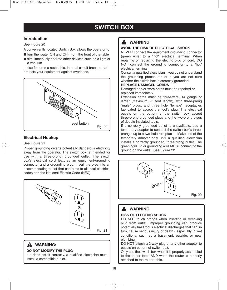 Switch box, Introduction, Electrical hookup | Warning | Ryobi RT501W User Manual | Page 18 / 28