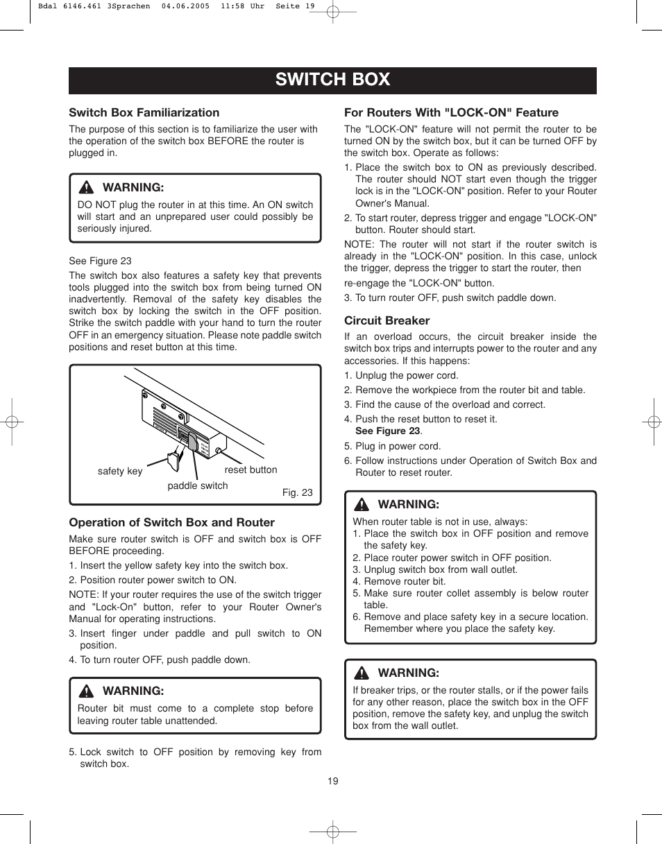 Switch box | Ryobi RT501W User Manual | Page 19 / 28