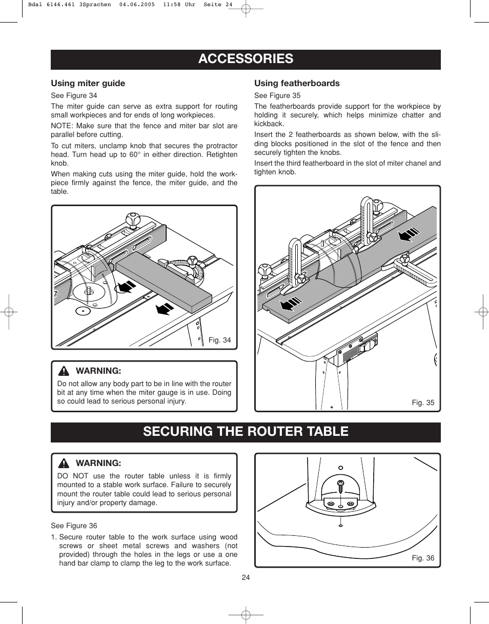 Accessories, Securing the router table | Ryobi RT501W User Manual | Page 24 / 28