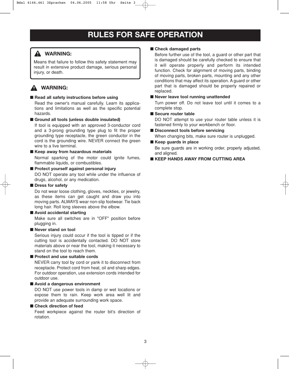 Rules for safe operation | Ryobi RT501W User Manual | Page 3 / 28