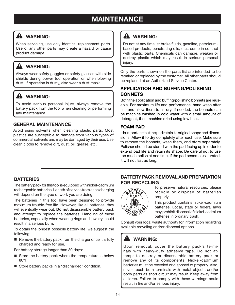 Maintenance | Ryobi P430 User Manual | Page 14 / 16