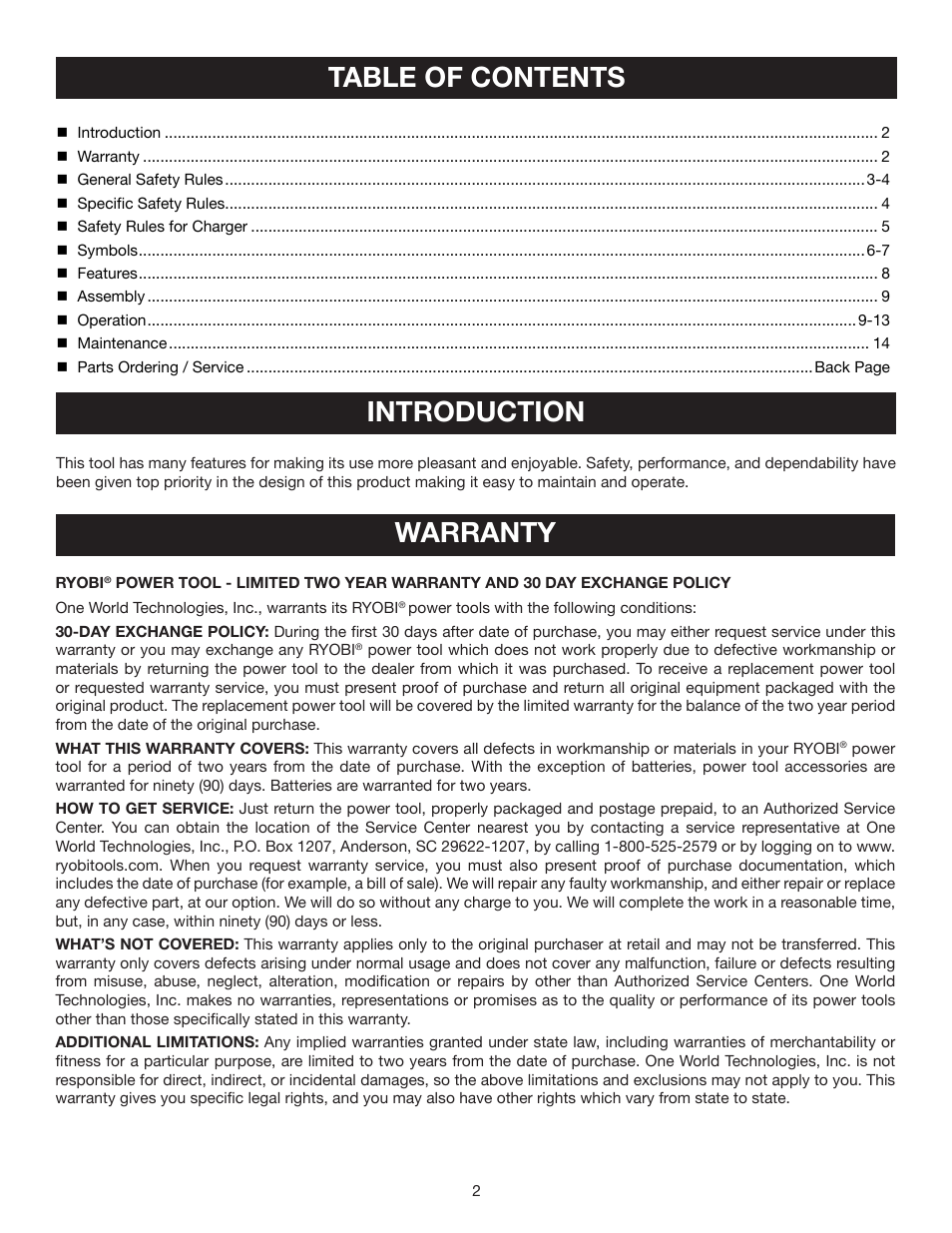 Table of contents introduction, Warranty | Ryobi P430 User Manual | Page 2 / 16