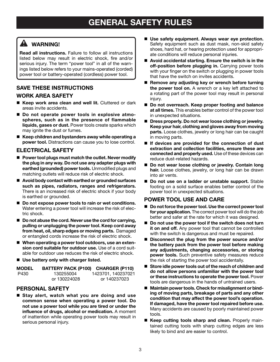 General safety rules | Ryobi P430 User Manual | Page 3 / 16