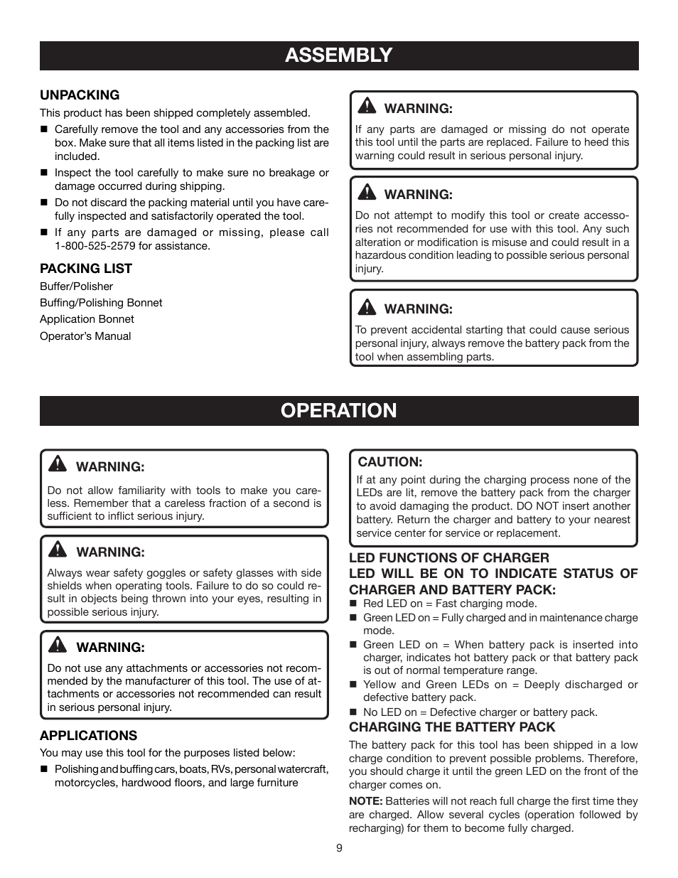 Assembly, Operation | Ryobi P430 User Manual | Page 9 / 16