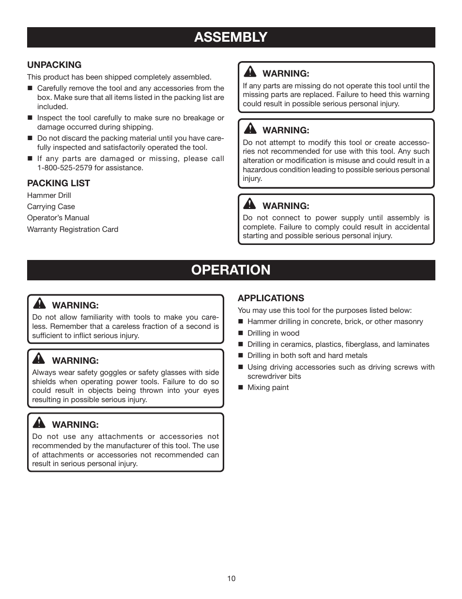 Assembly, Operation | Ryobi D551H User Manual | Page 10 / 16