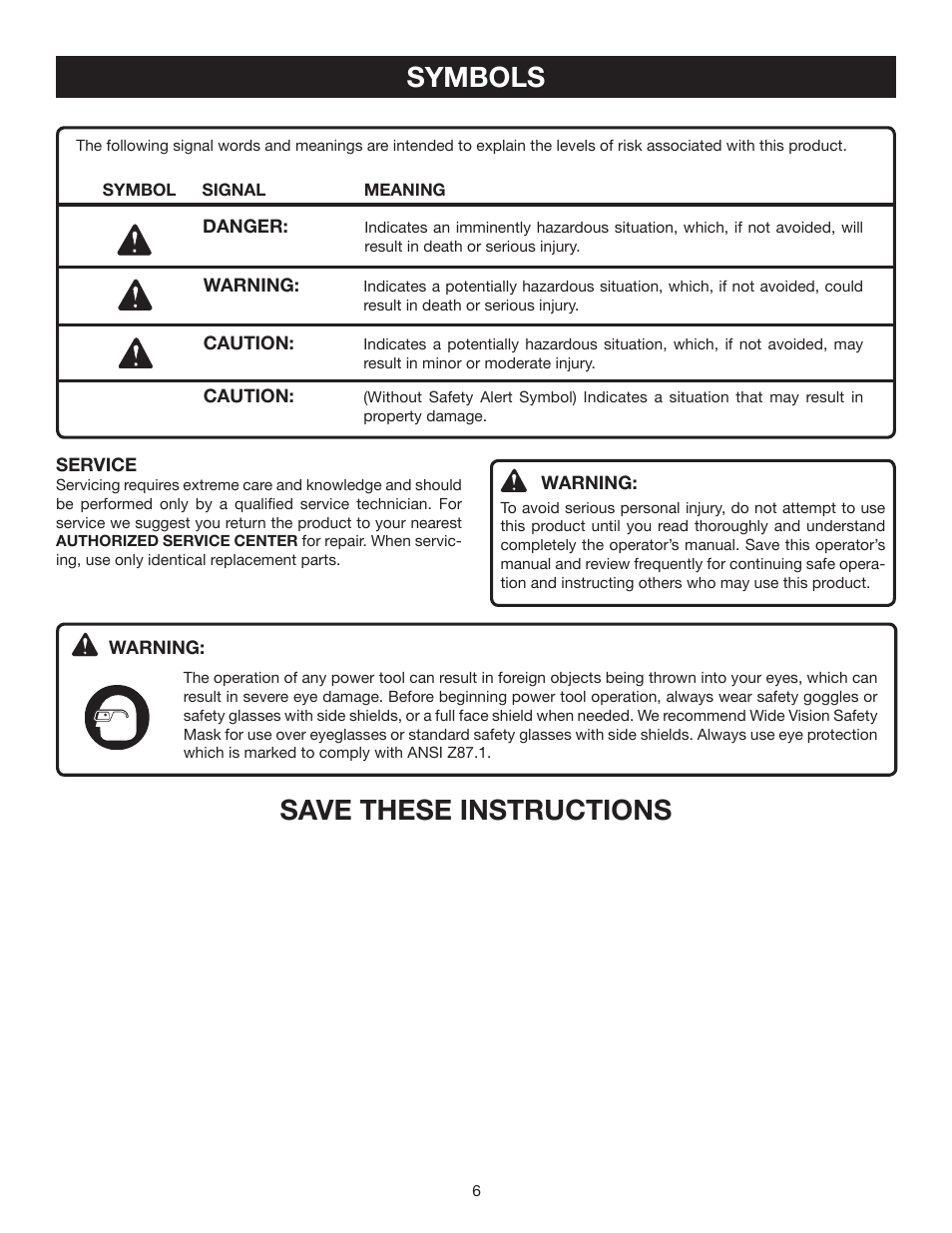 Symbols, Save these instructions | Ryobi D551H User Manual | Page 6 / 16