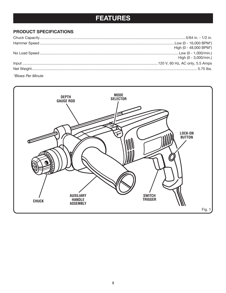 Features | Ryobi D551H User Manual | Page 8 / 16