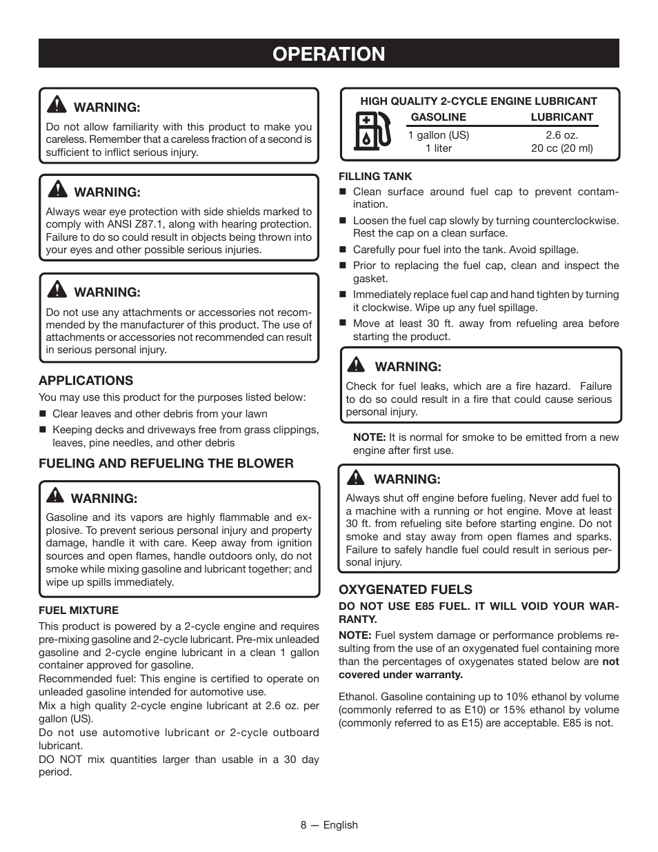 Operation | Ryobi RY09605 User Manual | Page 10 / 46