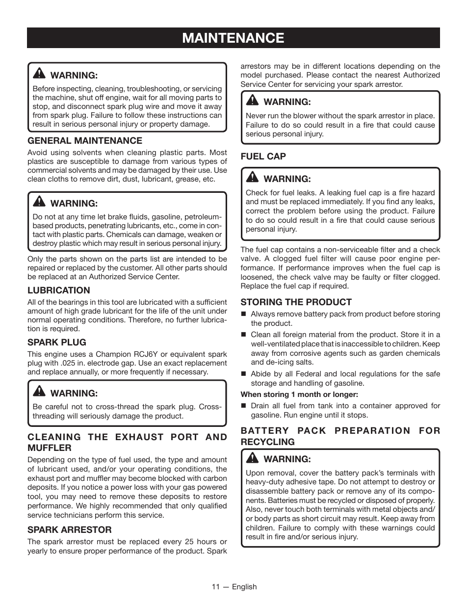 Maintenance | Ryobi RY09605 User Manual | Page 13 / 46