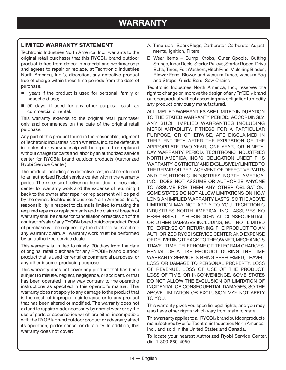 Warranty, Limited warranty statement | Ryobi RY09605 User Manual | Page 16 / 46