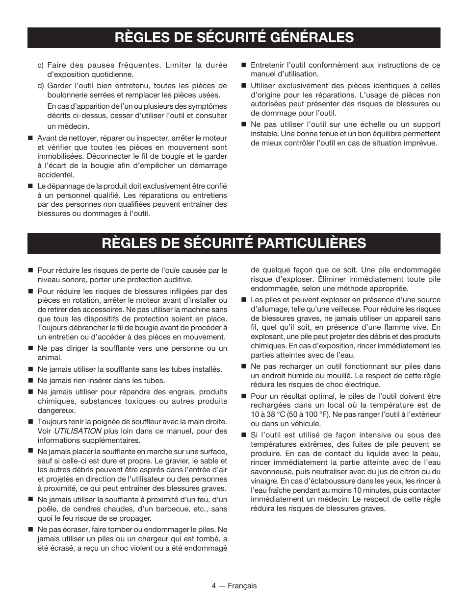 Règles de sécurité particulières, Règles de sécurité générales | Ryobi RY09605 User Manual | Page 19 / 46