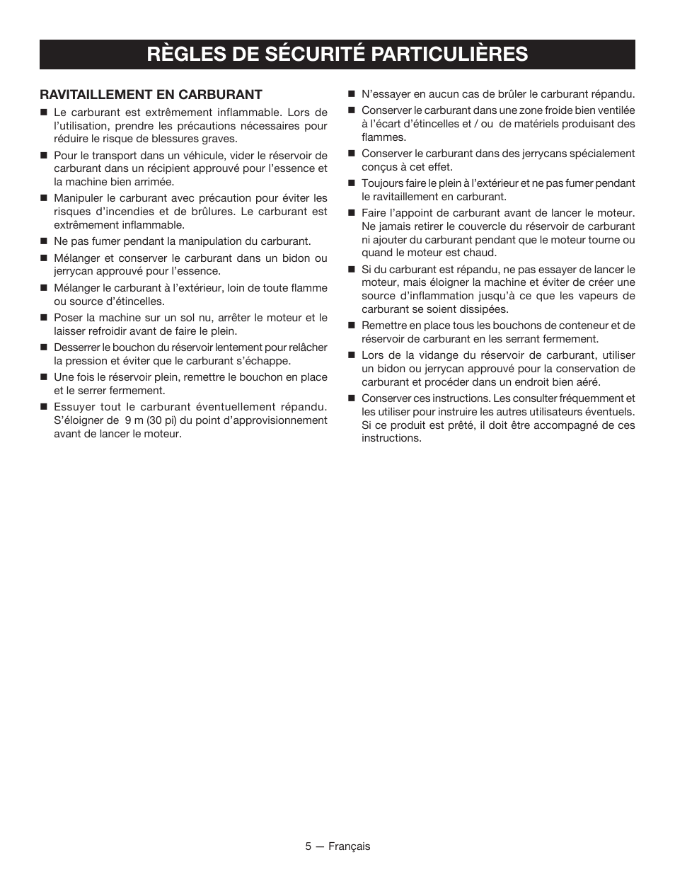 Règles de sécurité particulières | Ryobi RY09605 User Manual | Page 20 / 46