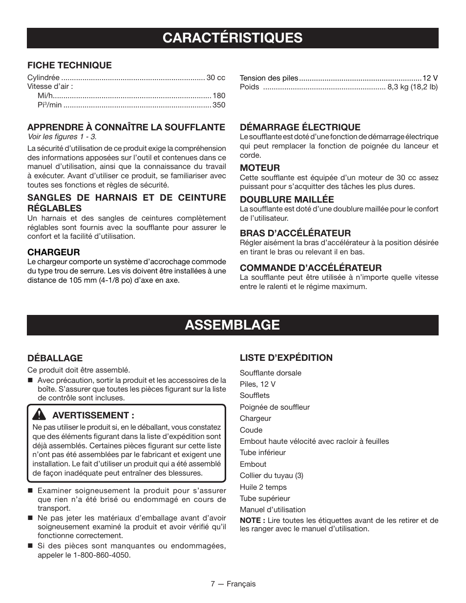 Caractéristiques assemblage | Ryobi RY09605 User Manual | Page 22 / 46