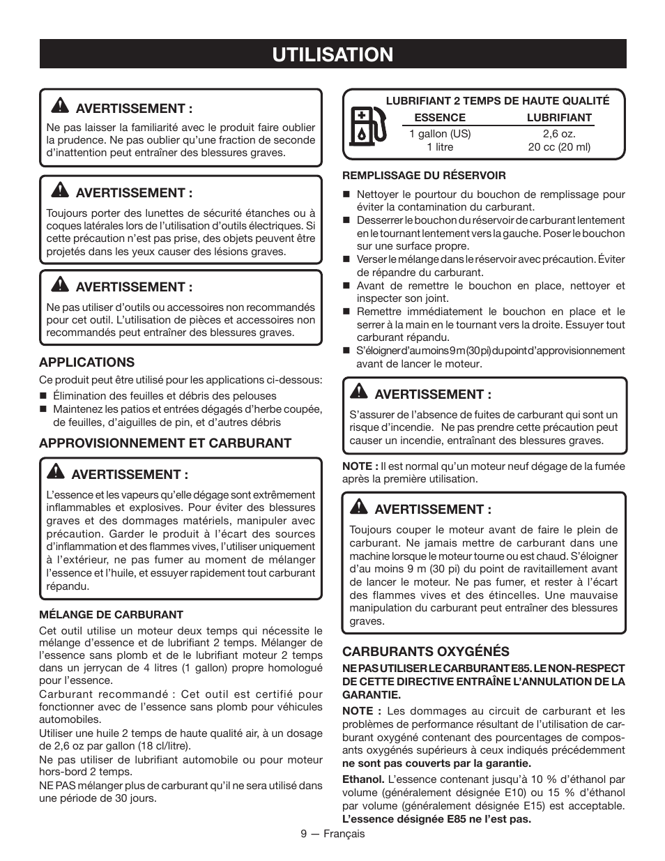 Utilisation | Ryobi RY09605 User Manual | Page 24 / 46