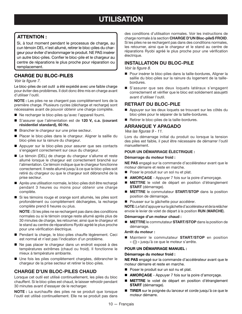 Utilisation, Attention, Charge du bloc-piles | Charge d’un bloc-piles chaud, Installation du bloc-pile, Retrait du bloc-pile, Arranque y apagado | Ryobi RY09605 User Manual | Page 25 / 46