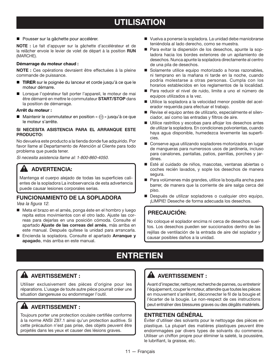 Utilisation, Entretien, Advertencia | Funcionamiento de la sopladora, Precaución, Avertissement, Entretien général | Ryobi RY09605 User Manual | Page 26 / 46