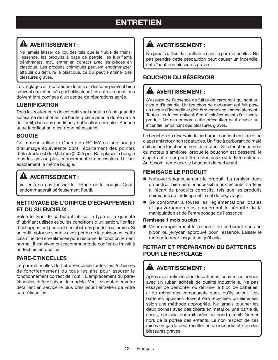 Entretien | Ryobi RY09605 User Manual | Page 27 / 46