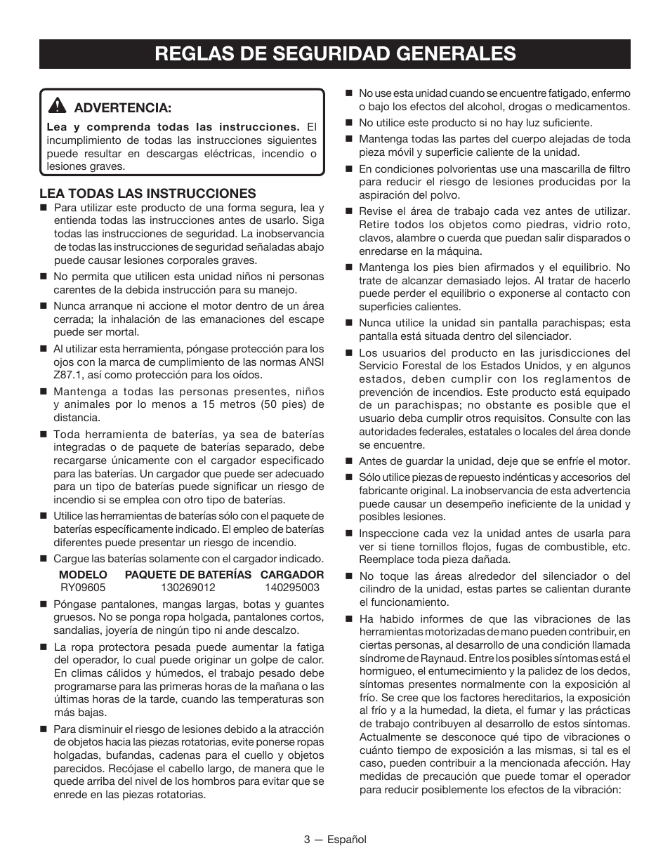 Reglas de seguridad generales | Ryobi RY09605 User Manual | Page 32 / 46