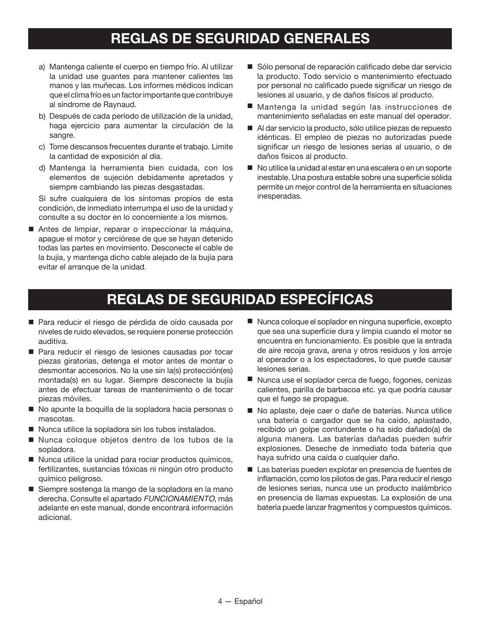 Reglas de seguridad específicas, Reglas de seguridad generales | Ryobi RY09605 User Manual | Page 33 / 46