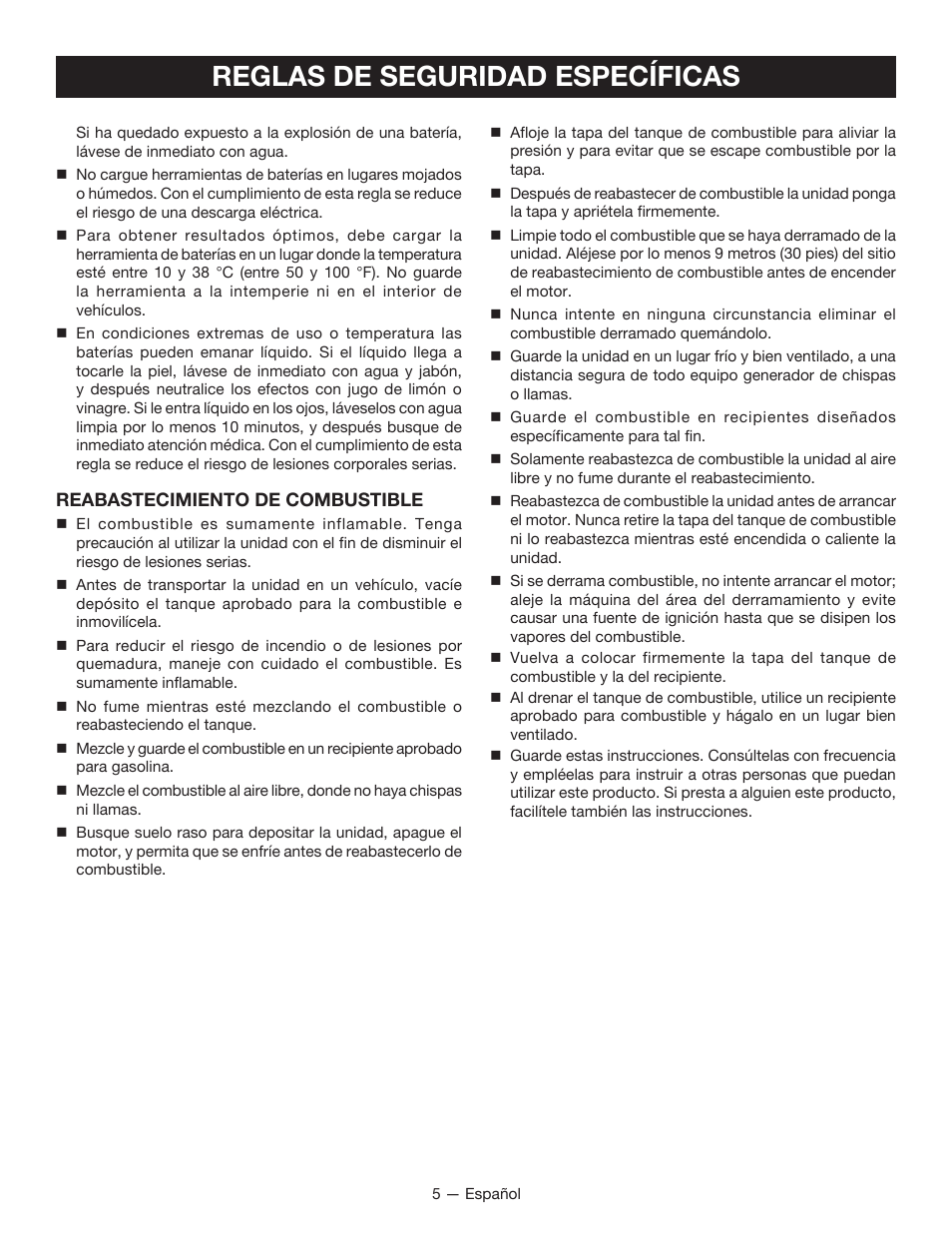 Reglas de seguridad específicas | Ryobi RY09605 User Manual | Page 34 / 46