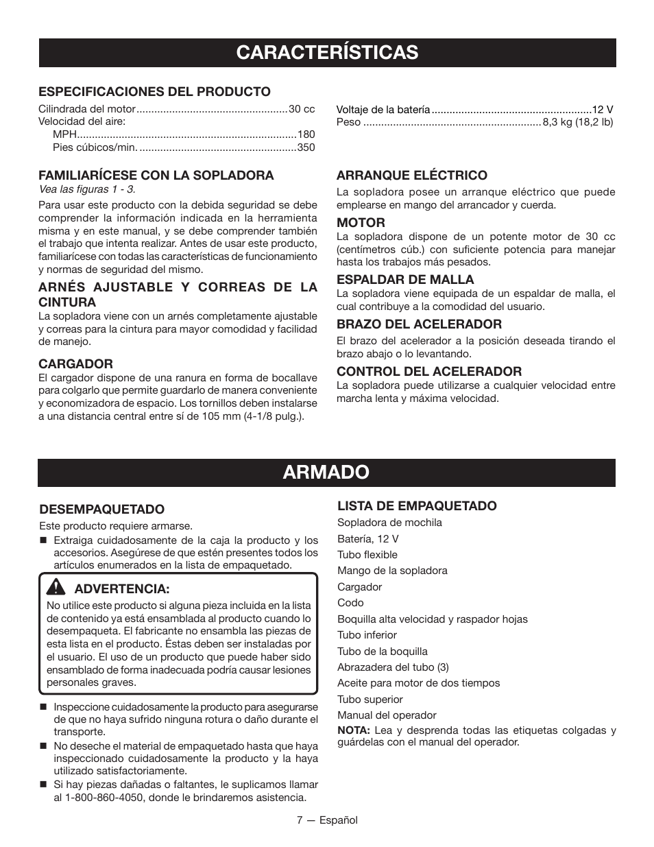 Características armado | Ryobi RY09605 User Manual | Page 36 / 46