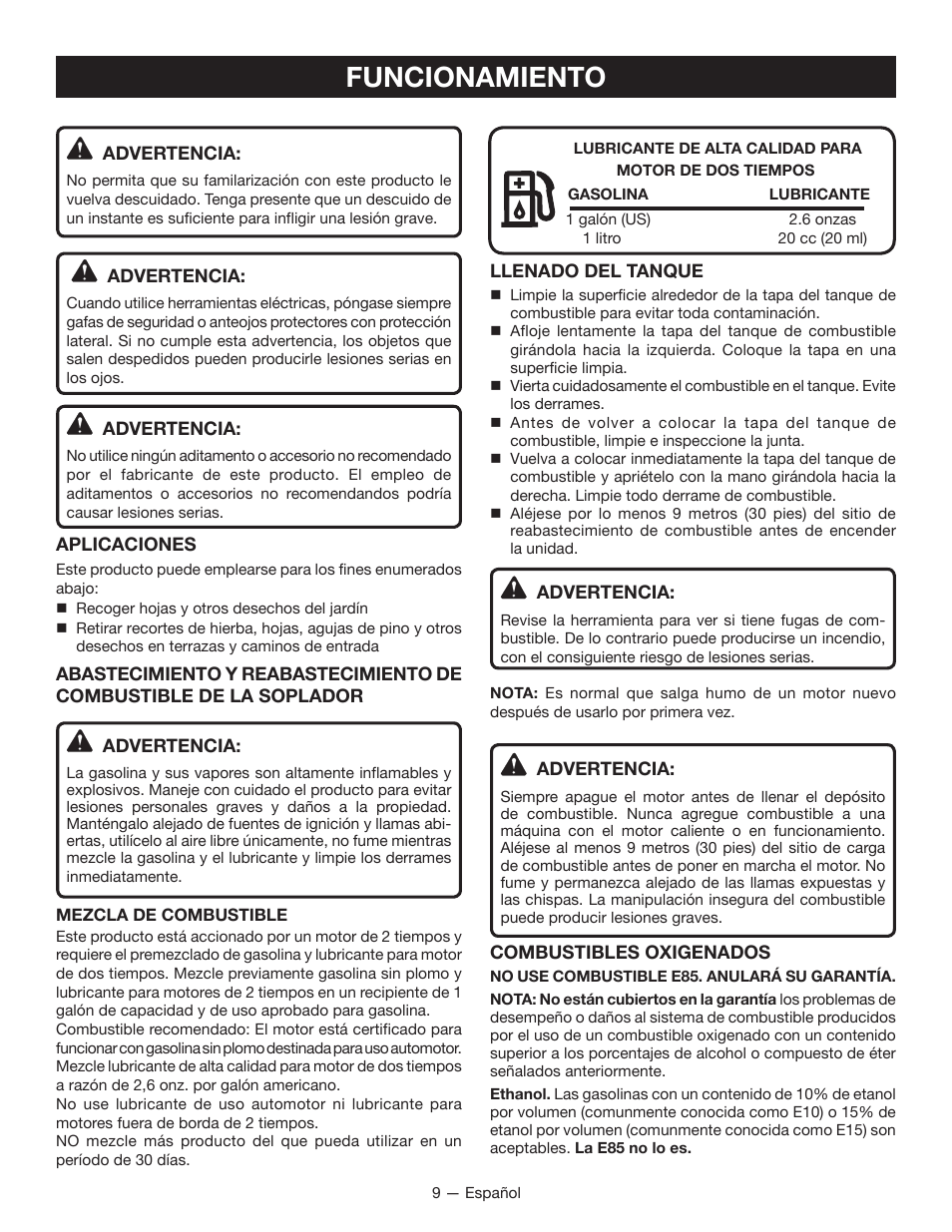 Funcionamiento | Ryobi RY09605 User Manual | Page 38 / 46