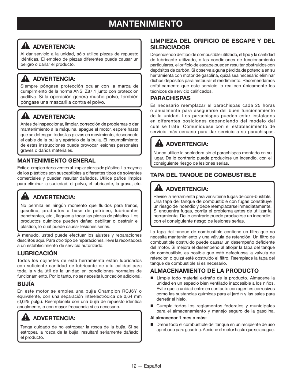 Mantenimiento | Ryobi RY09605 User Manual | Page 41 / 46