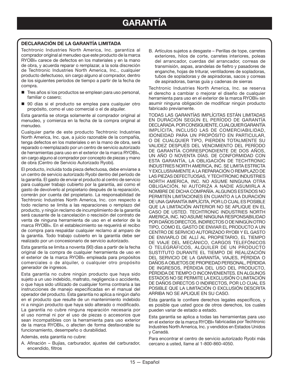 Garantía | Ryobi RY09605 User Manual | Page 44 / 46