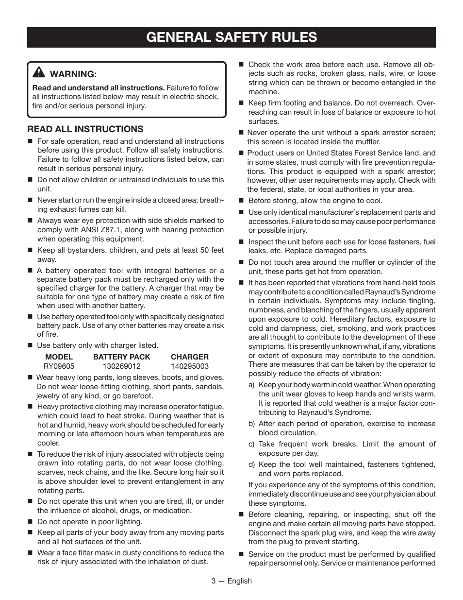 General safety rules | Ryobi RY09605 User Manual | Page 5 / 46