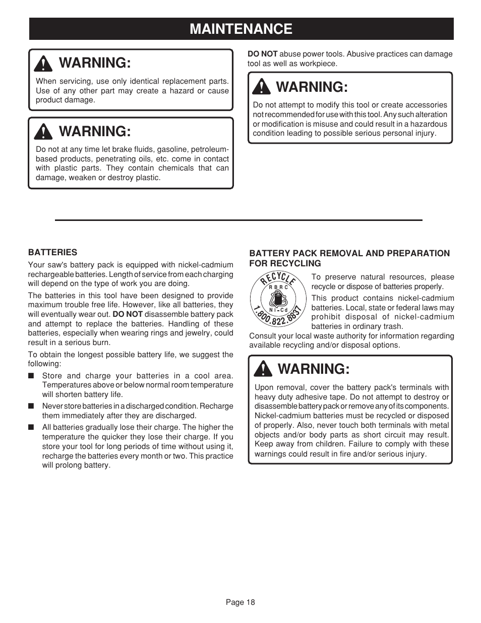 Warning, Maintenance | Ryobi R10632 User Manual | Page 18 / 20