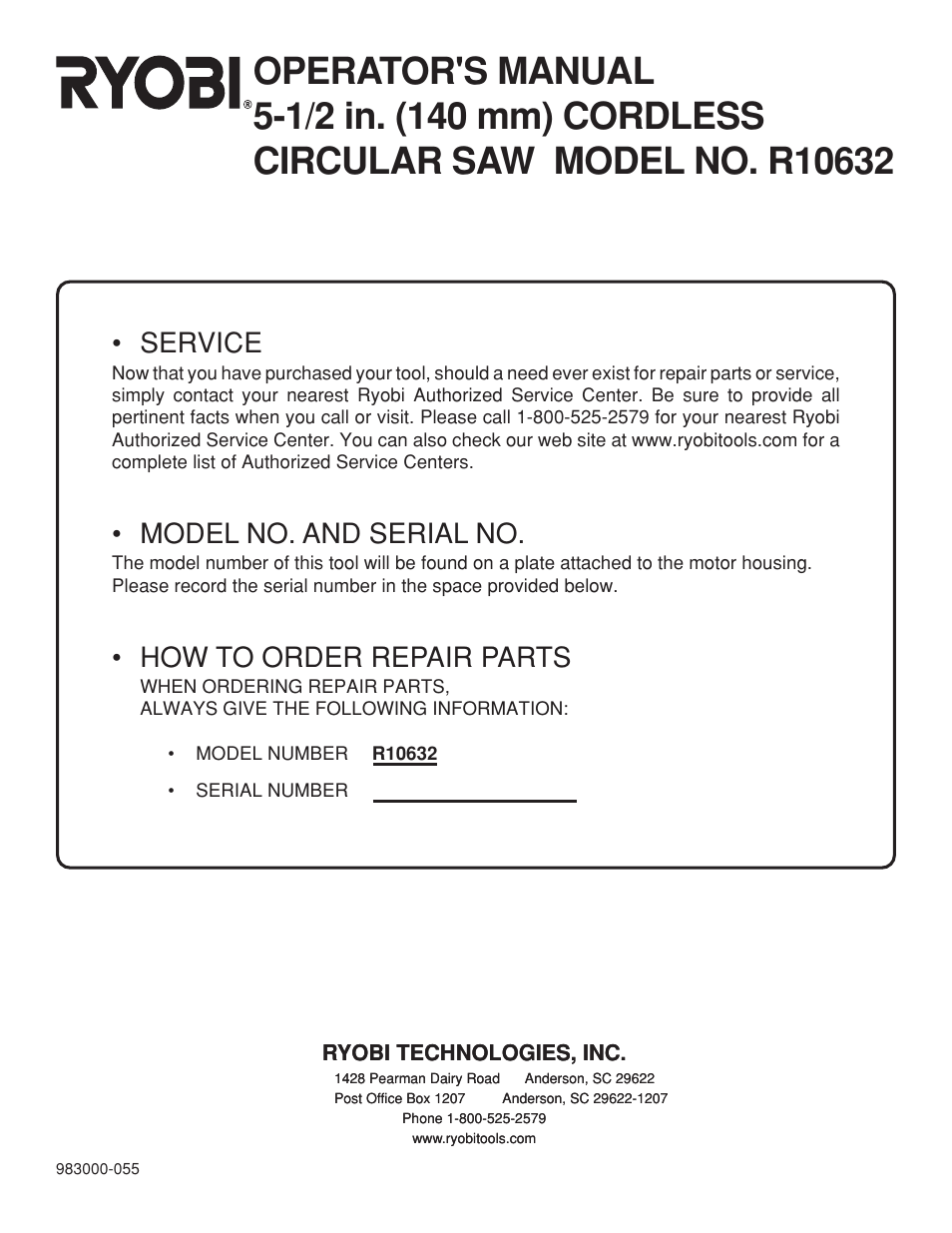 Service, Model no. and serial no, How to order repair parts | Ryobi R10632 User Manual | Page 20 / 20