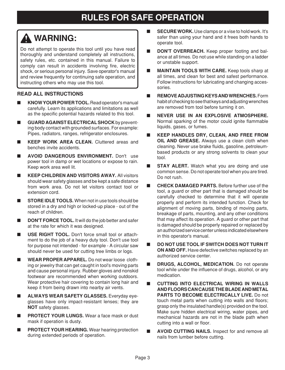 Warning, Rules for safe operation | Ryobi R10632 User Manual | Page 3 / 20