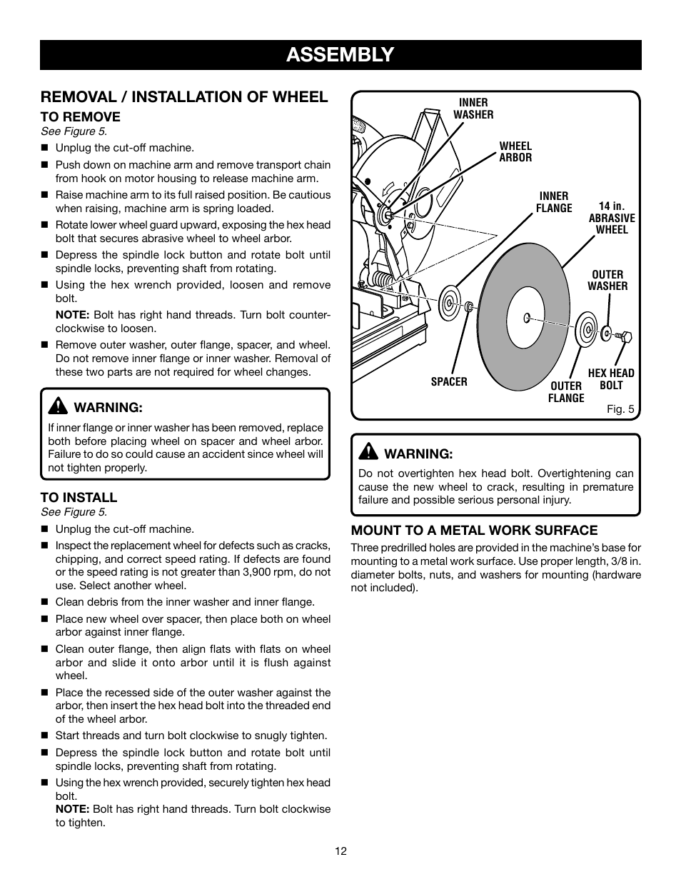 Assembly, Removal / installation of wheel | Ryobi C358 User Manual | Page 12 / 20