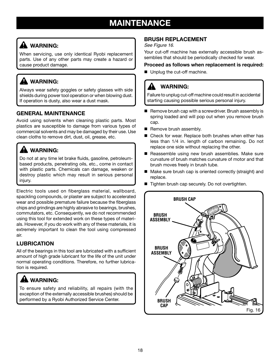 Maintenance | Ryobi C358 User Manual | Page 18 / 20