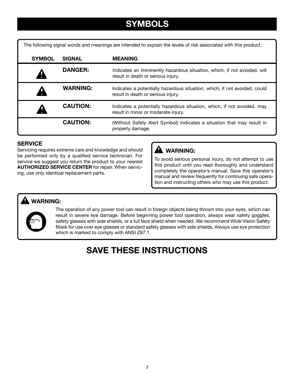 Symbols, Save these instructions | Ryobi C358 User Manual | Page 7 / 20