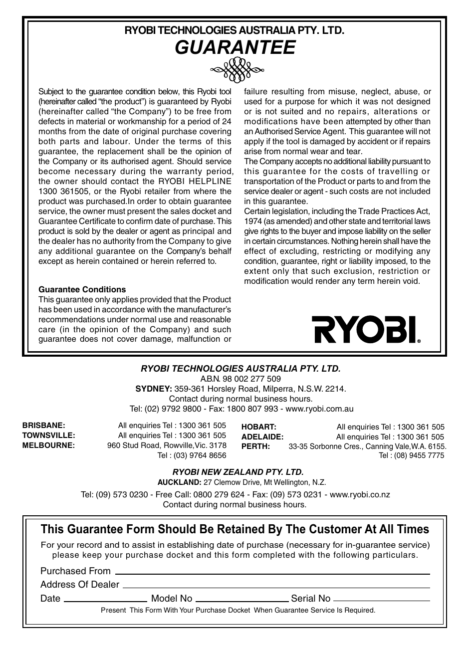 Guarantee, Ryobi technologies australia pty. ltd | Ryobi AP13AK User Manual | Page 14 / 14