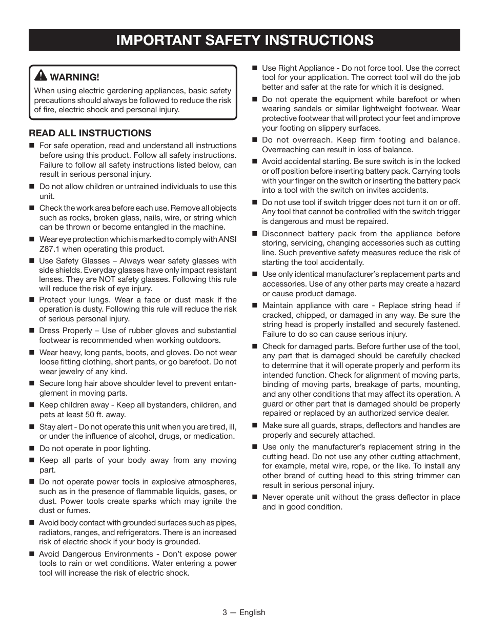 Important safety instructions | Ryobi P2000 User Manual | Page 3 / 20