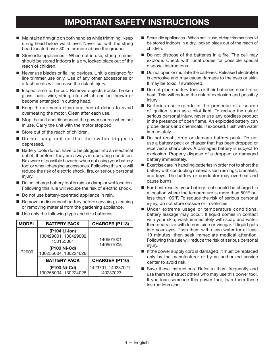 Important safety instructions | Ryobi P2000 User Manual | Page 4 / 20