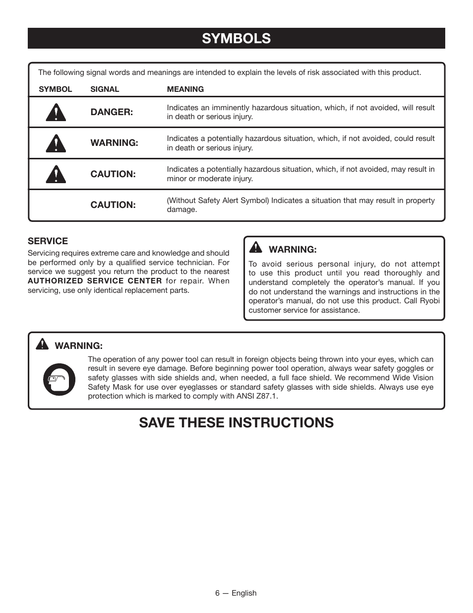 Symbols, Save these instructions | Ryobi P2000 User Manual | Page 6 / 20