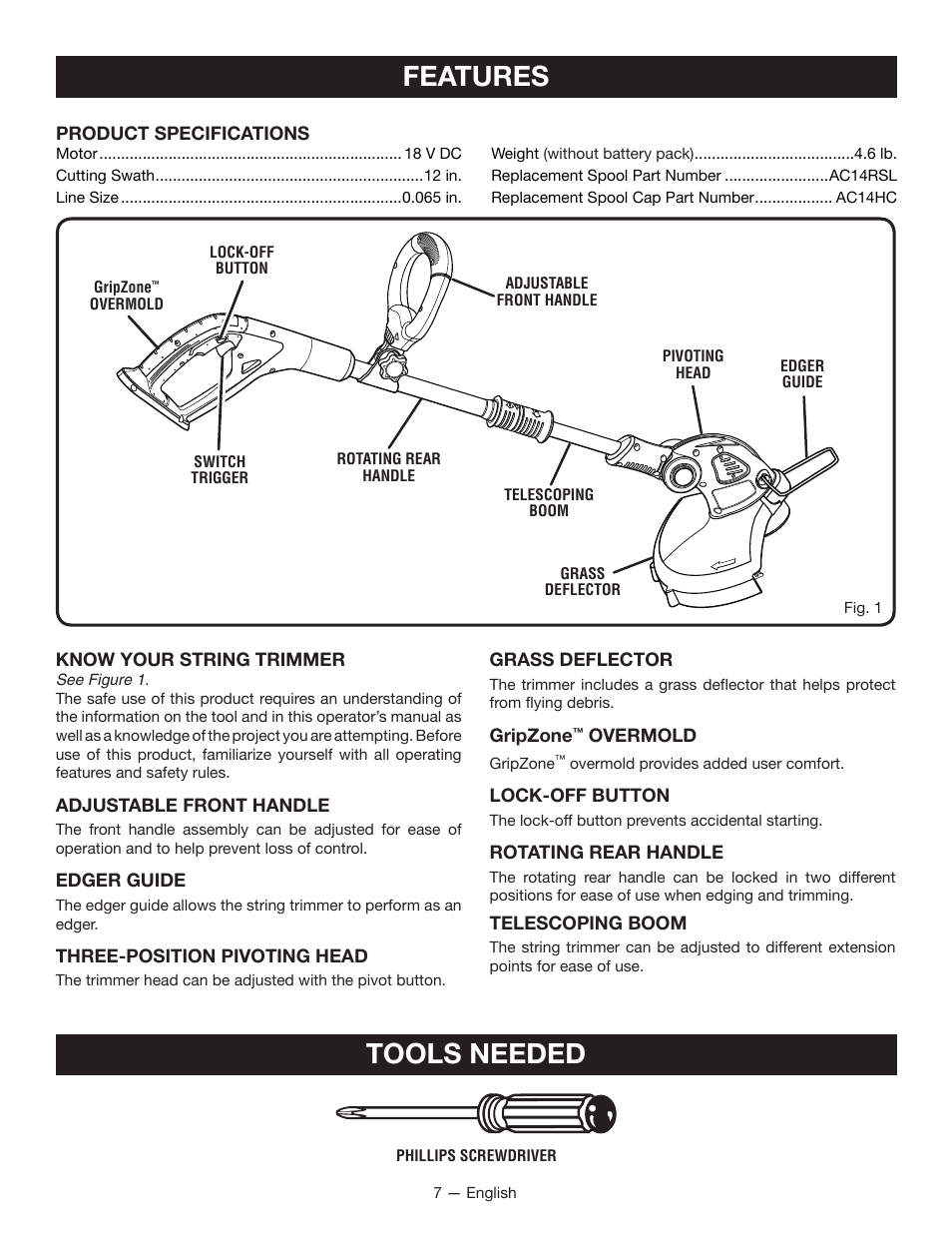 Features, Tools needed | Ryobi P2000 User Manual | Page 7 / 20