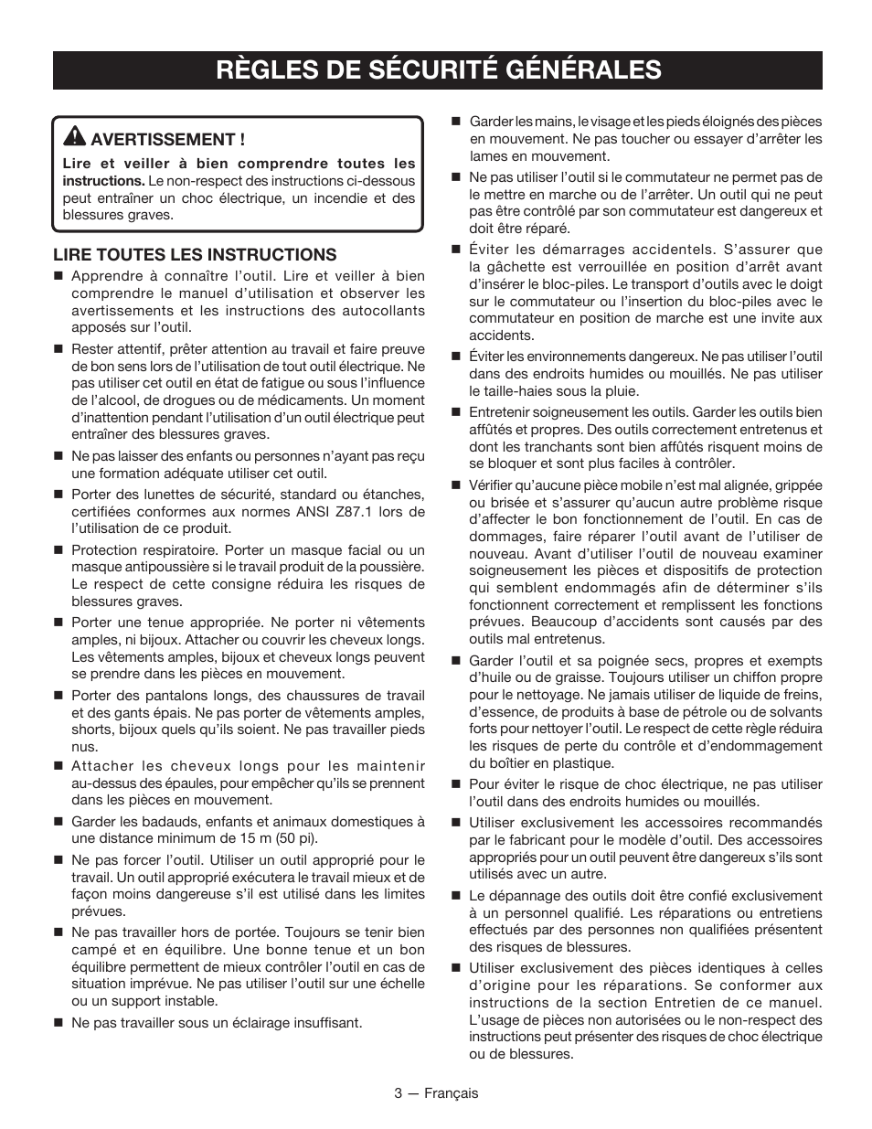 Règles de sécurité générales | Ryobi P2602 User Manual | Page 14 / 34