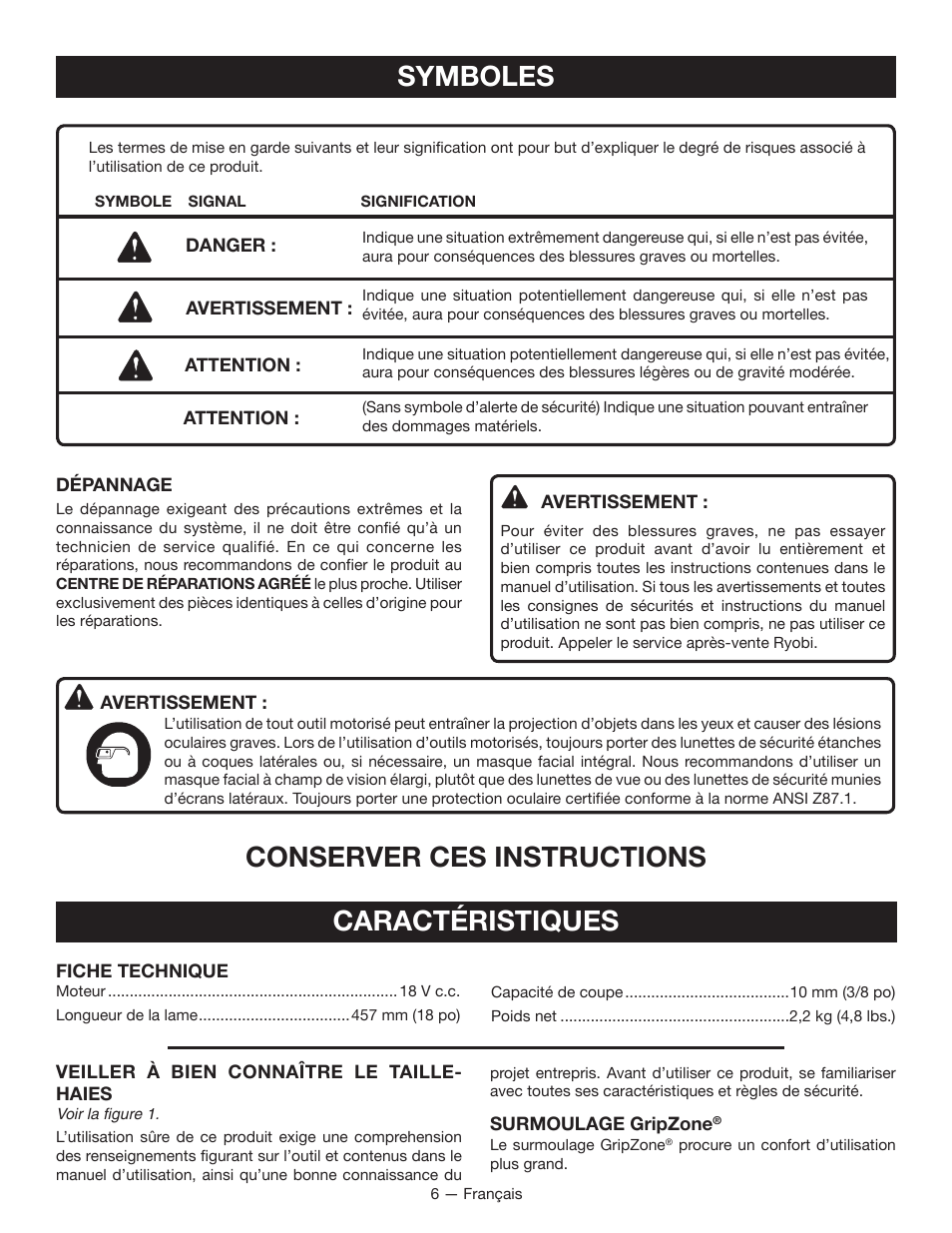 Symboles, Conserver ces instructions, Caractéristiques | Ryobi P2602 User Manual | Page 17 / 34