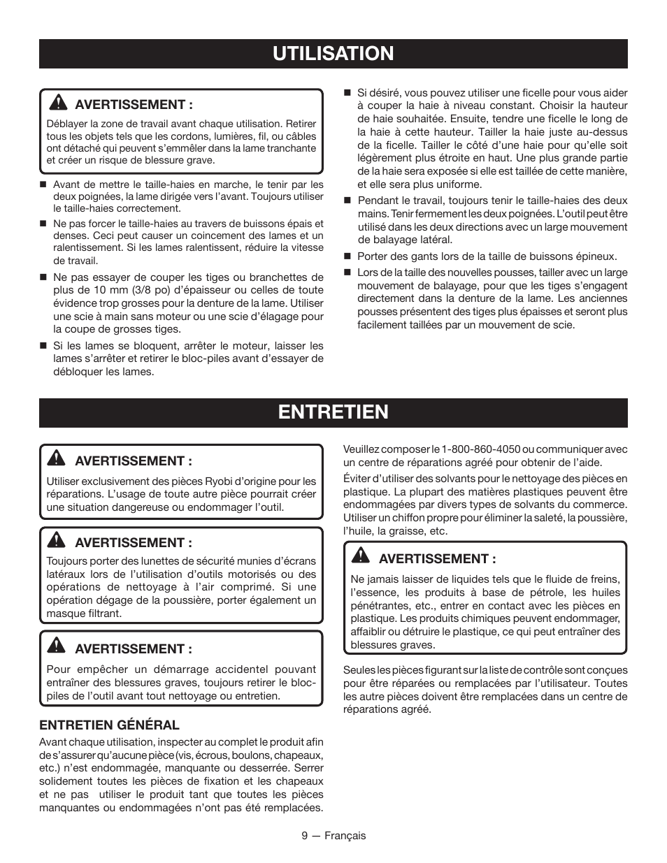 Utilisation, Entretien | Ryobi P2602 User Manual | Page 20 / 34