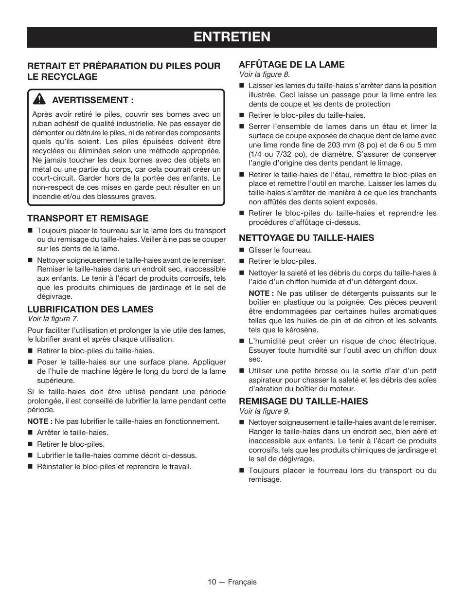 Entretien | Ryobi P2602 User Manual | Page 21 / 34