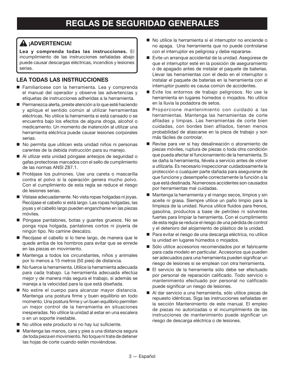 Reglas de seguridad generales | Ryobi P2602 User Manual | Page 23 / 34