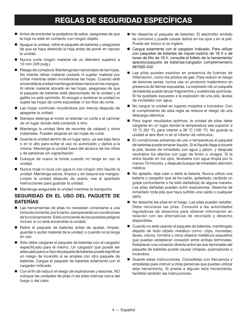 Reglas de seguridad específicas, Seguridad en el uso del paquete de baterías | Ryobi P2602 User Manual | Page 24 / 34