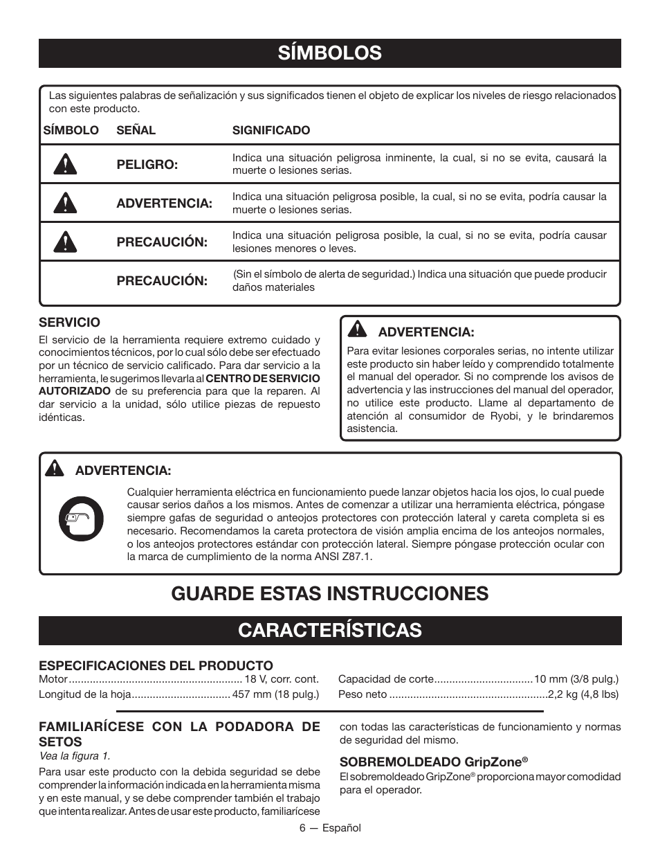 Guarde estas instrucciones, Símbolos, Características | Ryobi P2602 User Manual | Page 26 / 34