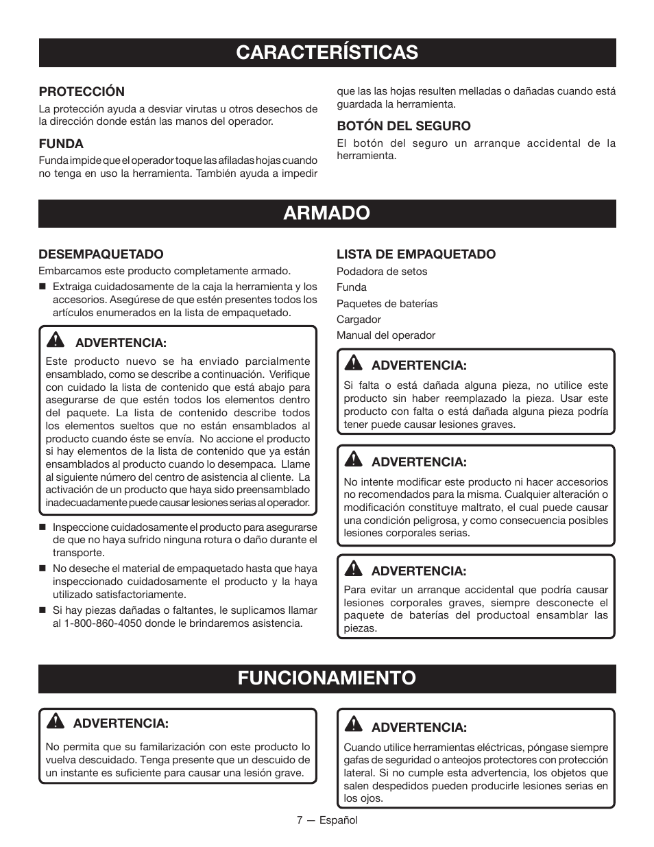 Características, Armado, Funcionamiento | Ryobi P2602 User Manual | Page 27 / 34