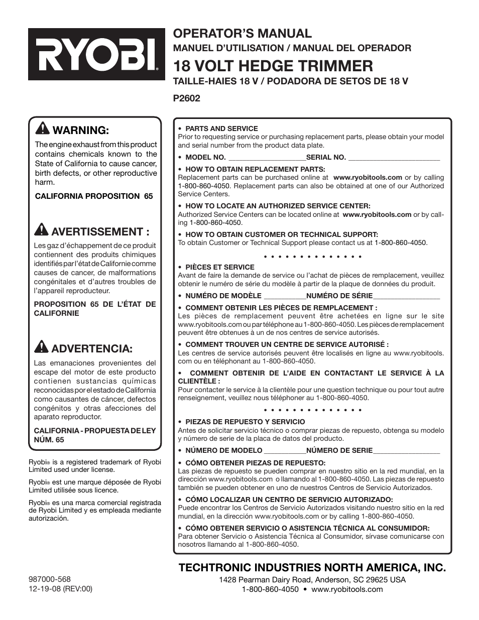 18 volt hedge trimmer, Operator’s manual, Warning | Techtronic industries north america, inc, Avertissement, Advertencia | Ryobi P2602 User Manual | Page 34 / 34